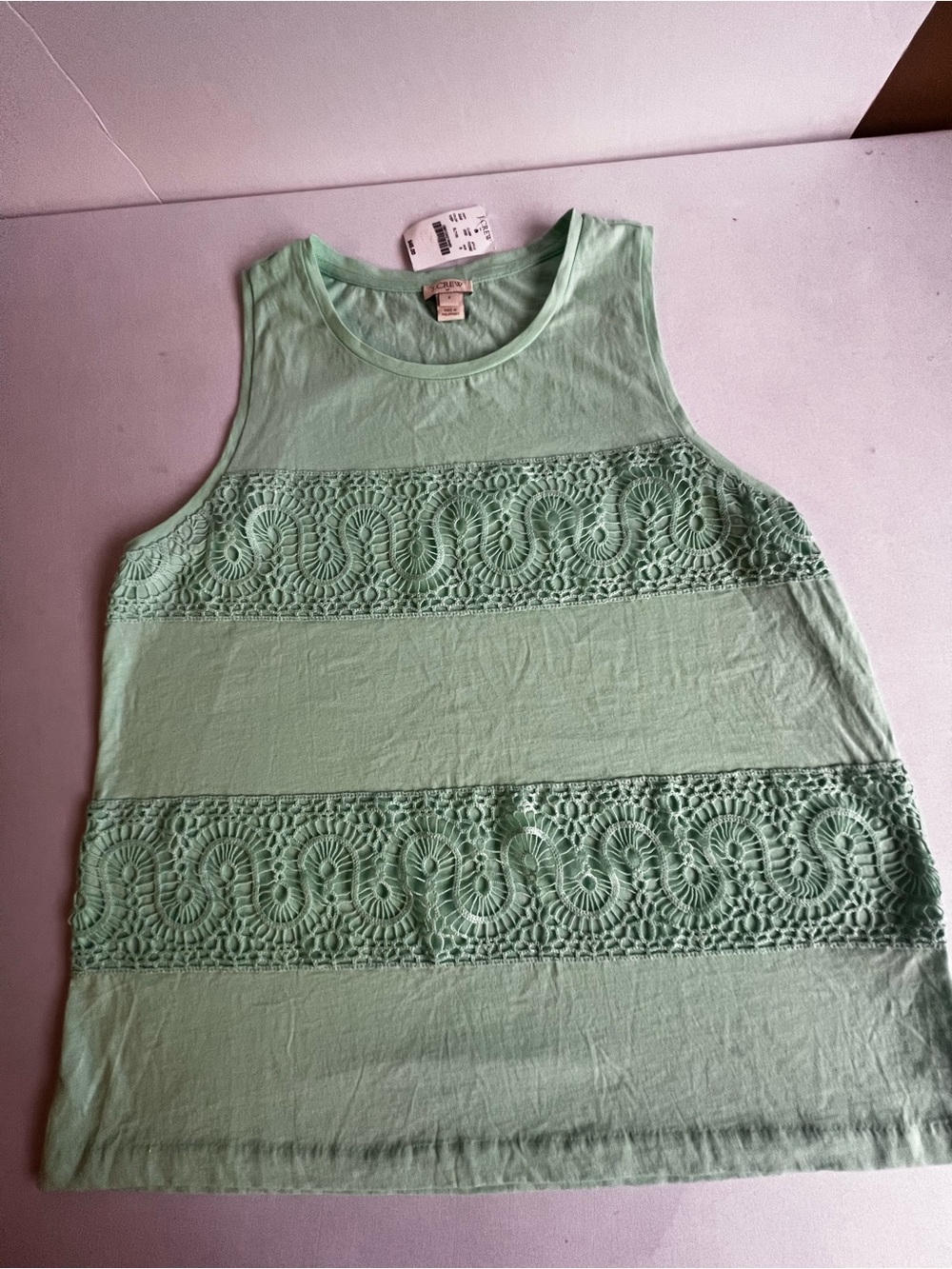 J CREW LIGHT GREEN SLEEVELESS TOP W/CROCHET LACE TRIM  SIZE SMALL. NWT
